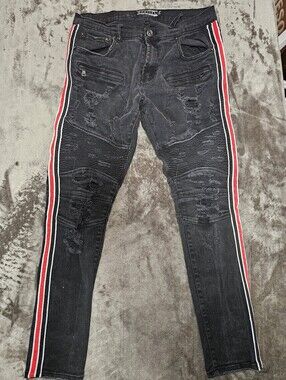 Decibel Men's Distressed Stacked Black Jeans Stripe Side Detail 38x33 Streetwear